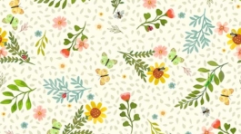 Garden Notes. Delicate cotton fabric with floral and geometric patterns in soft pastel tones, ideal for quilting and apparel.