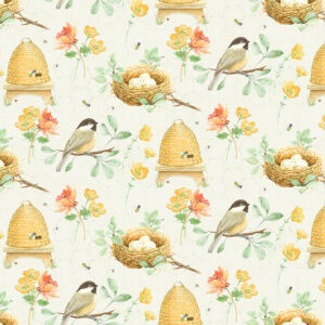 Fabric featuring birds, bees, flowers, honeycomb, and picnic plaids in soft pastel colors—ideal for garden-themed projects. 54434-1