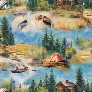 Scenic landscape fabric featuring mountains, lakes, plaid, and nature textures—ideal for outdoor-themed projects. 54496-1