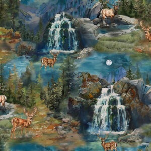 Scenic landscape fabric featuring mountains, lakes, plaid, and nature textures—ideal for outdoor-themed projects. 54497-2