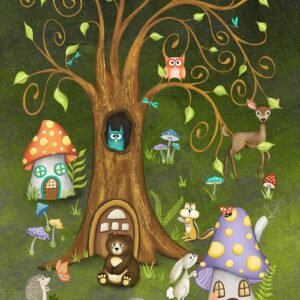 Fabric featuring wood animals like bunnies, squirrels, and chipmunks in a serene woodland setting. 54519DP-1
