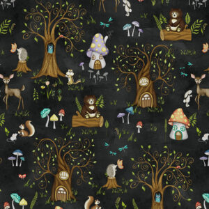Fabric featuring wood animals like bunnies, squirrels, and chipmunks in a serene woodland setting. 54520-2