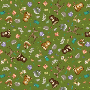 Fabric featuring wood animals like bunnies, squirrels, and chipmunks in a serene woodland setting. 54521-1