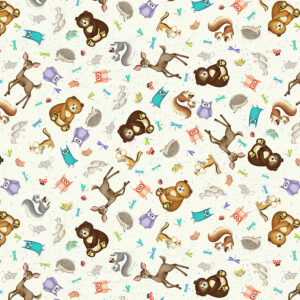 Fabric featuring wood animals like bunnies, squirrels, and chipmunks in a serene woodland setting. 54521-4