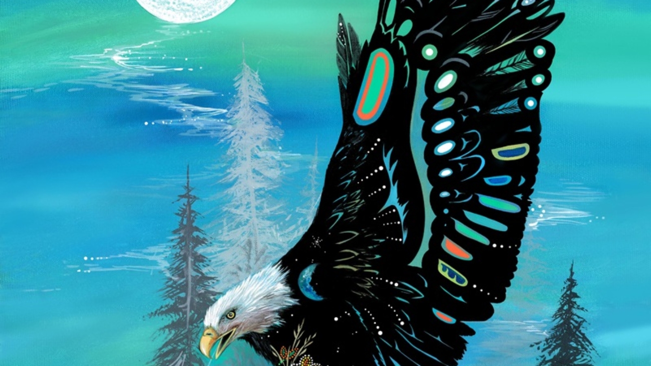 Digital eagle fabric panel and border prints from the Free Spirit Collection by Indigenous artist Karen Erickson in orange, blue, and black tones. Free Spirit -Free Spirit - Panel Blue