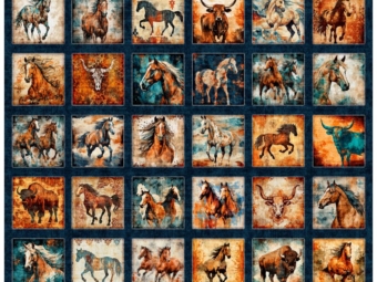 Born to Run Western fabric collection featuring horses, bulls, paisleys, and farm motifs in earthy tones — wholesale from International Textiles Ltd Canada. 31476 Q