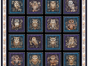 Night Owls fabric collection with owls and florals in deep purple, lavender, and navy — available wholesale in Canada. 31565 J