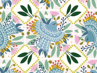 Afternoon Tea organic cotton fabric featuring delicate birds, teacups, florals, and geometric designs in a serene, modern color palette. 31739-Z