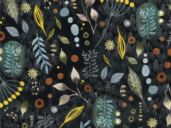 Close-up of Flora & Form fabric showing abstract botanical designs in burnt orange, sage, deep blue, and metallic gold on premium cotton. 54779DM-3