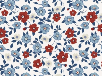 Front Porch fabric collection with floral and star patterns in cool blues, rich reds, and jade green. The modern floral quilting fabric is avaliable at International Textiles Ltd across Canada. 54860-2