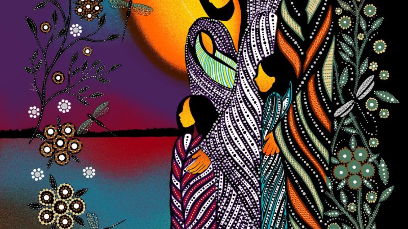 All Children Matter Indigenous fabric panel by Betty Albert with metallic accents, single border, and all-over print – available for wholesale in Canada through International Textiles Ltd. BA-00014MP - Multi