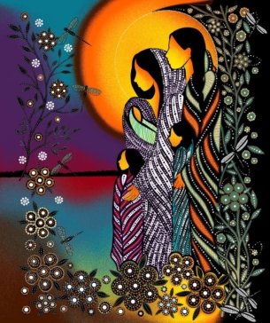 All Children Matter Indigenous fabric panel by Betty Albert with metallic accents, single border, and all-over print – available for wholesale in Canada through International Textiles Ltd. BA-00014MP - Multi