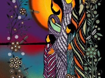All Children Matter Indigenous fabric panel by Betty Albert with metallic accents, single border, and all-over print – available for wholesale in Canada through International Textiles Ltd. BA-00014MP - Multi