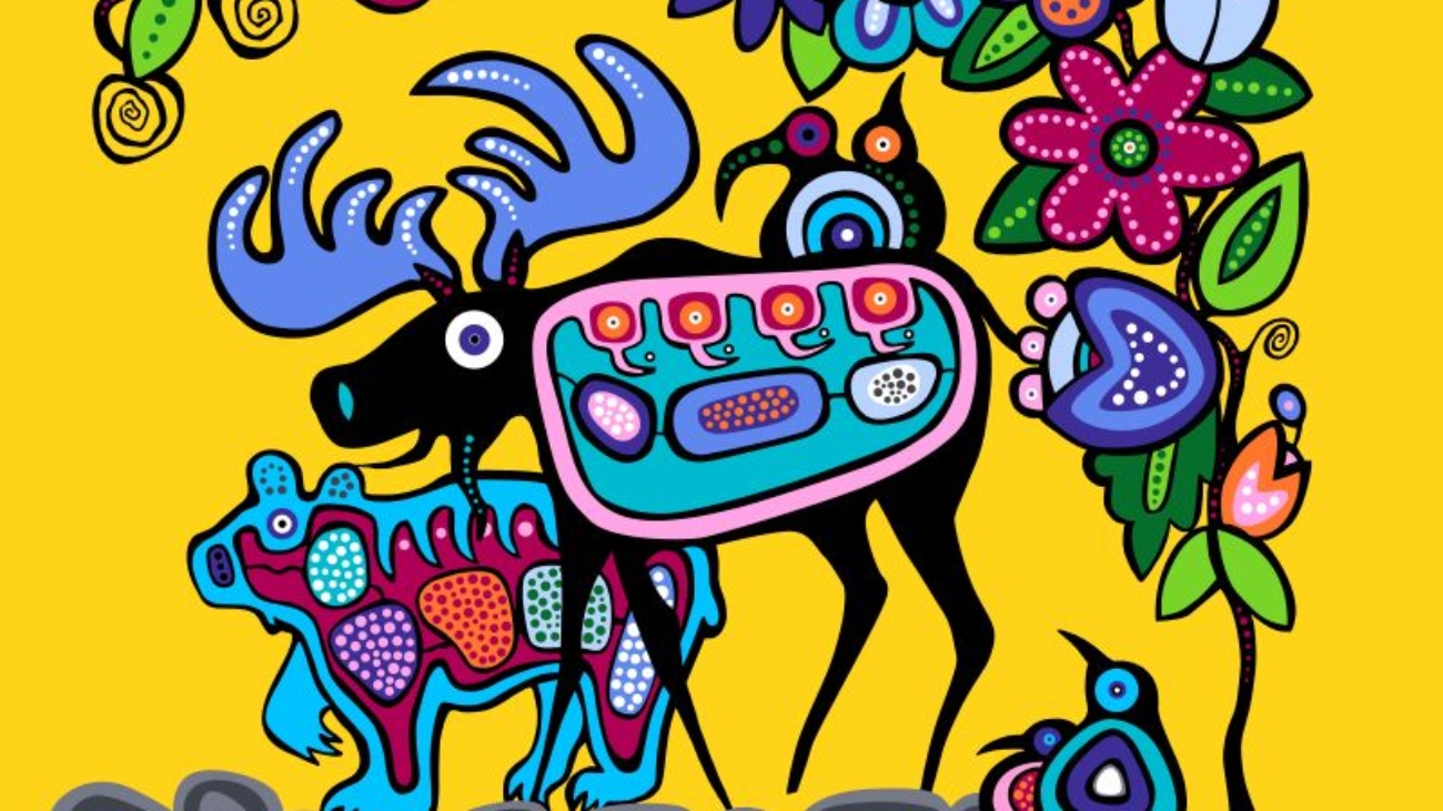 “Moose” Indigenous fabric collection by artist Donna The Strange, featuring designs that honor the sacred moose, available wholesale in Canada. Moose Panel Yellow