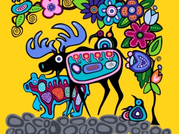 “Moose” Indigenous fabric collection by artist Donna The Strange, featuring designs that honor the sacred moose, available wholesale in Canada. Moose Panel Yellow
