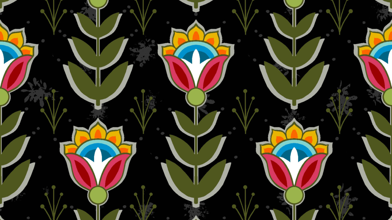 Ojibwe Indigenous fabric design SG-0008 by Shannon Gustafson in 100% cotton, 45-inch width, available in 10 colours, perfect for ribbon skirts and jingle dresses in Canada through International Textiles Ltd. SG-0008 Black