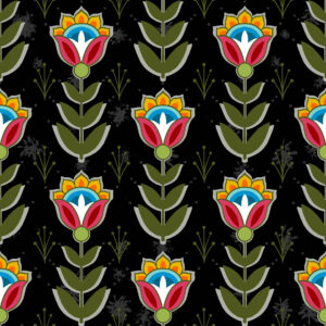 Ojibwe Indigenous fabric design SG-0008 by Shannon Gustafson in 100% cotton, 45-inch width, available in 10 colours, perfect for ribbon skirts and jingle dresses in Canada through International Textiles Ltd. SG-0008 Black