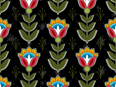Ojibwe Indigenous fabric design SG-0008 by Shannon Gustafson in 100% cotton, 45-inch width, available in 10 colours, perfect for ribbon skirts and jingle dresses in Canada through International Textiles Ltd. SG-0008 Black