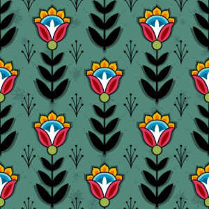 Ojibwe Indigenous fabric design SG-0008 by Shannon Gustafson in 100% cotton, 45-inch width, available in 10 colours, perfect for ribbon skirts and jingle dresses in Canada through International Textiles Ltd. SG-0008 Forest Green