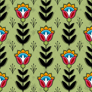 Ojibwe Indigenous fabric design SG-0008 by Shannon Gustafson in 100% cotton, 45-inch width, available in 10 colours, perfect for ribbon skirts and jingle dresses in Canada through International Textiles Ltd. SG-0008 Green