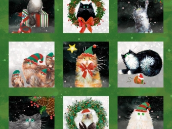 Meowy Christmas cat Christmas fabric with playful kittens, candy cane stripes, and festive holiday prints available at International Textiles Canada. 54483-2