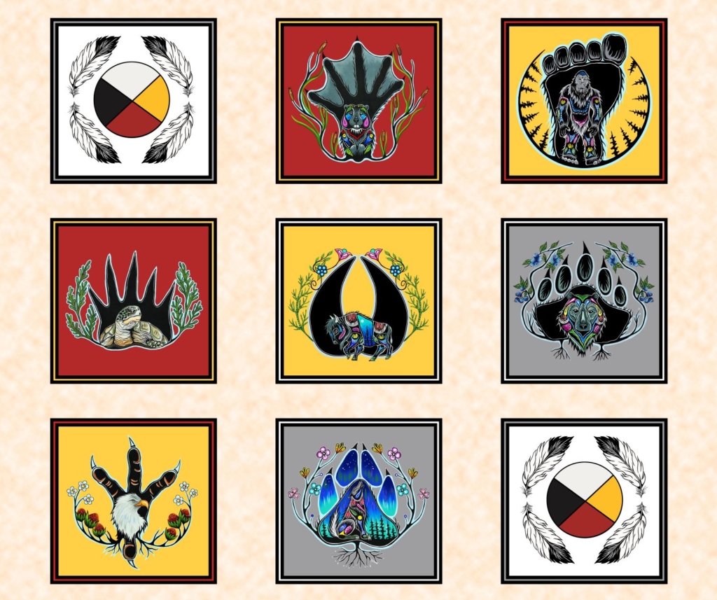Indigenous fabric collection 7 Grandfathers – digital print patchwork by Abenaki artist Jessica Somers. Available at International Textiles Ltd in Canada.