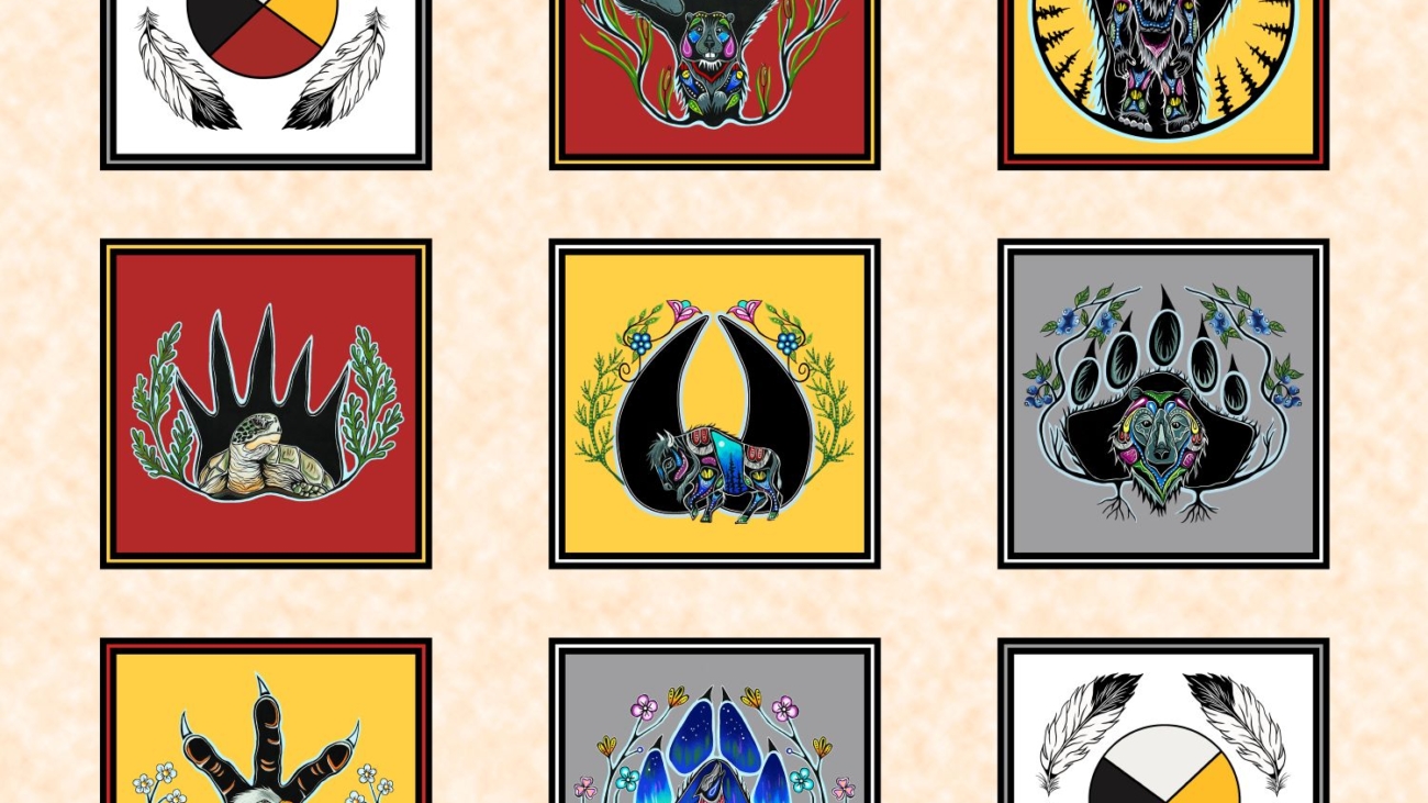 Indigenous fabric collection 7 Grandfathers – digital print patchwork by Abenaki artist Jessica Somers. Available at International Textiles Ltd in Canada.