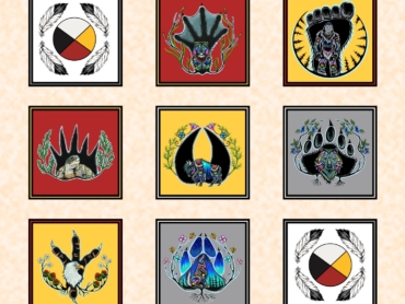 Indigenous fabric collection 7 Grandfathers – digital print patchwork by Abenaki artist Jessica Somers. Available at International Textiles Ltd in Canada.