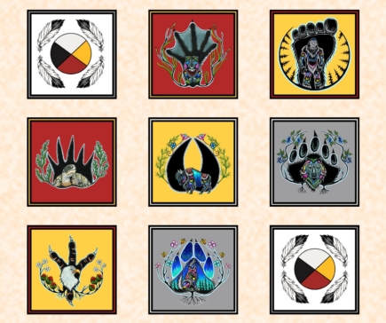 Indigenous fabric collection 7 Grandfathers – digital print patchwork by Abenaki artist Jessica Somers. Available at International Textiles Ltd in Canada.