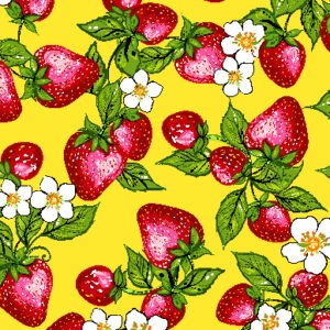 Indigenous fabric panel from Strawberry Dreamcatcher by Carla Joseph featuring a strawberry plant rooted in a heart-shaped dreamcatcher, symbolizing love, healing, and connection to the land. CAJ-0008 | Yellow