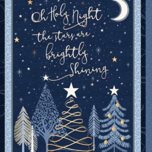 Christmas Shimmer fabric by P&B Textiles featuring blue and gold Christmas designs with trees, leaves, and snowflakes, available at International Textiles Ltd. in Canada. 5069-PA