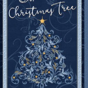 Christmas Shimmer fabric by P&B Textiles featuring blue and gold Christmas designs with trees, leaves, and snowflakes, available at International Textiles Ltd. in Canada. 5070-PA