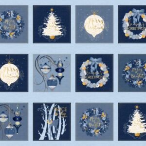 Christmas Shimmer fabric by P&B Textiles featuring blue and gold Christmas designs with trees, leaves, and snowflakes, available at International Textiles Ltd. in Canada. 5071-B