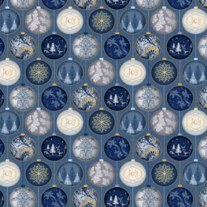 Christmas Shimmer fabric by P&B Textiles featuring blue and gold Christmas designs with trees, leaves, and snowflakes, available at International Textiles Ltd. in Canada. 5072-B