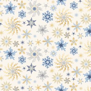 Christmas Shimmer fabric by P&B Textiles featuring blue and gold Christmas designs with trees, leaves, and snowflakes, available at International Textiles Ltd. in Canada. 5073-E