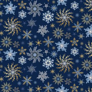 Christmas Shimmer fabric by P&B Textiles featuring blue and gold Christmas designs with trees, leaves, and snowflakes, available at International Textiles Ltd. in Canada. 5073-N