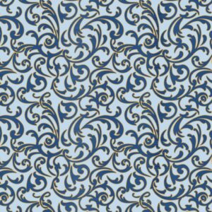 Christmas Shimmer fabric by P&B Textiles featuring blue and gold Christmas designs with trees, leaves, and snowflakes, available at International Textiles Ltd. in Canada. 5074-B
