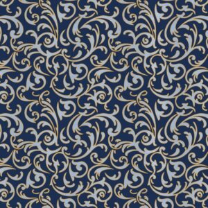 Christmas Shimmer fabric by P&B Textiles featuring blue and gold Christmas designs with trees, leaves, and snowflakes, available at International Textiles Ltd. in Canada. 5074-N