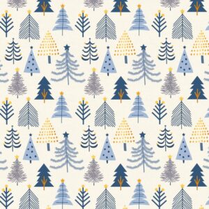 Christmas Shimmer fabric by P&B Textiles featuring blue and gold Christmas designs with trees, leaves, and snowflakes, available at International Textiles Ltd. in Canada. 5076-E