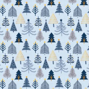 Christmas Shimmer fabric by P&B Textiles featuring blue and gold Christmas designs with trees, leaves, and snowflakes, available at International Textiles Ltd. in Canada. 5076-LB