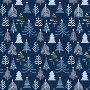 Christmas Shimmer fabric by P&B Textiles featuring blue and gold Christmas designs with trees, leaves, and snowflakes, available at International Textiles Ltd. in Canada. 5076-N