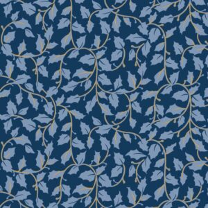 Christmas Shimmer fabric by P&B Textiles featuring blue and gold Christmas designs with trees, leaves, and snowflakes, available at International Textiles Ltd. in Canada. 5077-N