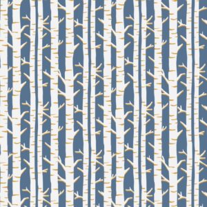Christmas Shimmer fabric by P&B Textiles featuring blue and gold Christmas designs with trees, leaves, and snowflakes, available at International Textiles Ltd. in Canada. 5078-B