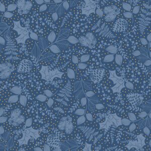 Christmas Shimmer fabric by P&B Textiles featuring blue and gold Christmas designs with trees, leaves, and snowflakes, available at International Textiles Ltd. in Canada. 5079-B
