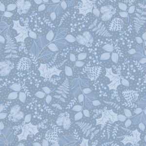Christmas Shimmer fabric by P&B Textiles featuring blue and gold Christmas designs with trees, leaves, and snowflakes, available at International Textiles Ltd. in Canada. 5079-LB