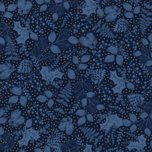 Christmas Shimmer fabric by P&B Textiles featuring blue and gold Christmas designs with trees, leaves, and snowflakes, available at International Textiles Ltd. in Canada. 5079-N