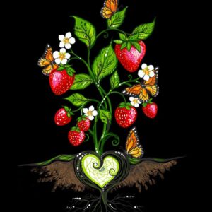 Indigenous fabric panel from Strawberry Dreamcatcher by Carla Joseph featuring a strawberry plant rooted in a heart-shaped dreamcatcher, symbolizing love, healing, and connection to the land. CAJ-0005P | Black