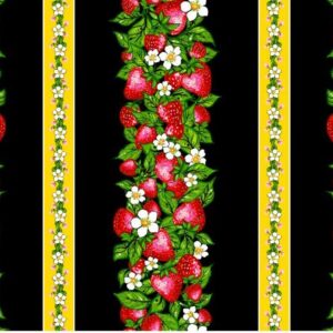 Indigenous fabric panel from Strawberry Dreamcatcher by Carla Joseph featuring a strawberry plant rooted in a heart-shaped dreamcatcher, symbolizing love, healing, and connection to the land. CAJ-0007 | Black