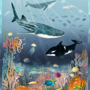 Deep Sea fabric by Windham Fabrics – ocean and sea fabric featuring whales, orcas, and coral reefs, available in limited stock at International Textiles Ltd, Canada. 55253DP-1
