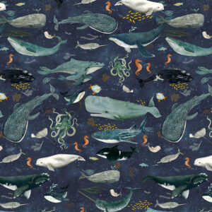 Deep Sea fabric by Windham Fabrics – ocean and sea fabric featuring whales, orcas, and coral reefs, available in limited stock at International Textiles Ltd, Canada. 55255D-1